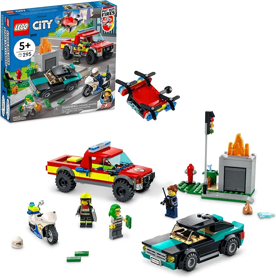 LEGO City Fire Rescue & Police Chase Building Set 60319 - Kid's Fire & Police Build, Featuring 3 Minifigures, Emergency Truck, Patrol Car, Motorcycle Toys, Gifts for Boys and Girls Age 5+ Years Old