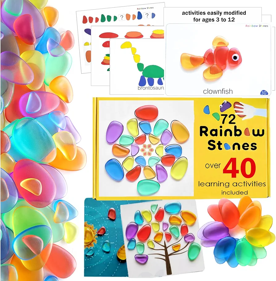 Rainbow Stones, 72 Stones 40+ Activities, Learning & Education Toys, Classroom Must Haves, Math manipulatives, Light Table manipulatives Educational Toys for Kids 5-7, Montessori Toys