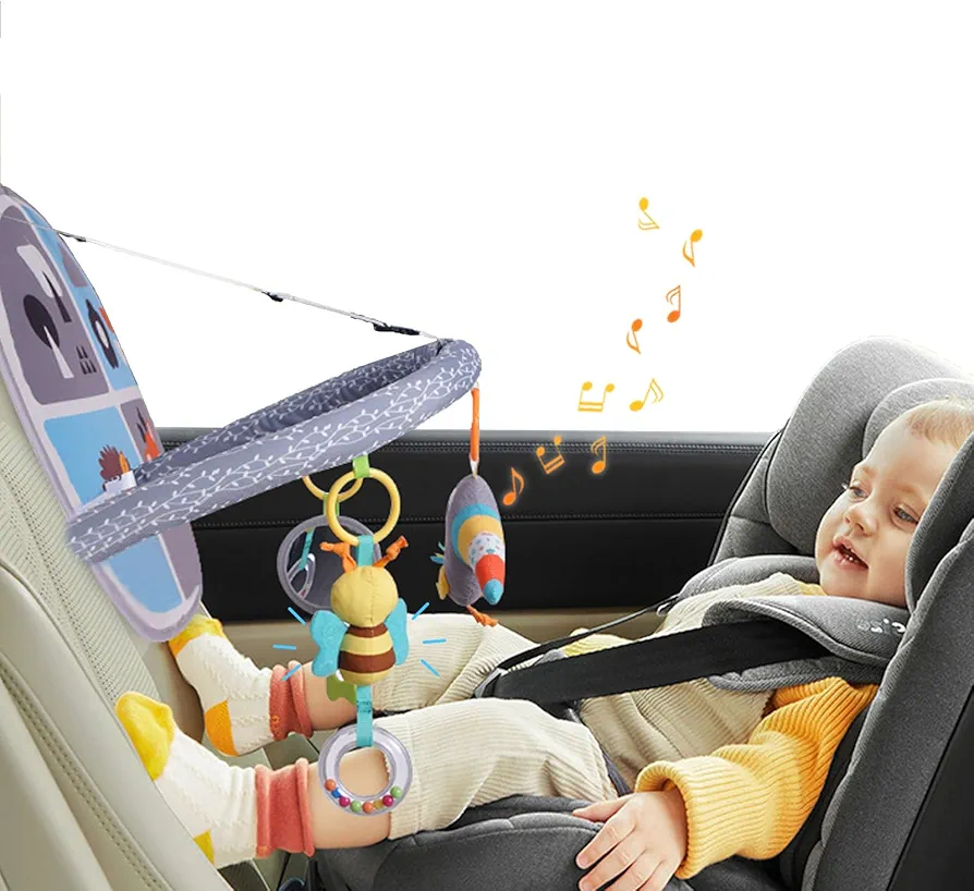 Car Seat Toys for Babies 0-6 Months, Rear facing Car Seat Arch toy with Music, Mirror, Rattle, Teether Hanging Toy for Baby Infant 0-6-12 Months, Sensory Toy 3 6 12 Months Baby Boys Girls Gift