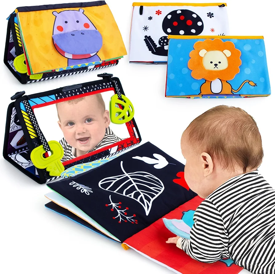 teytoy Tummy Time Mirror Newborn Toys Infant Toys 0-3 Months Brain Developmental Baby Mirror Tummy Time Toys with Cloth Book&Teethers,High Contrast Black and White Baby Toys 4 6 9 12 Month Sensory Toy