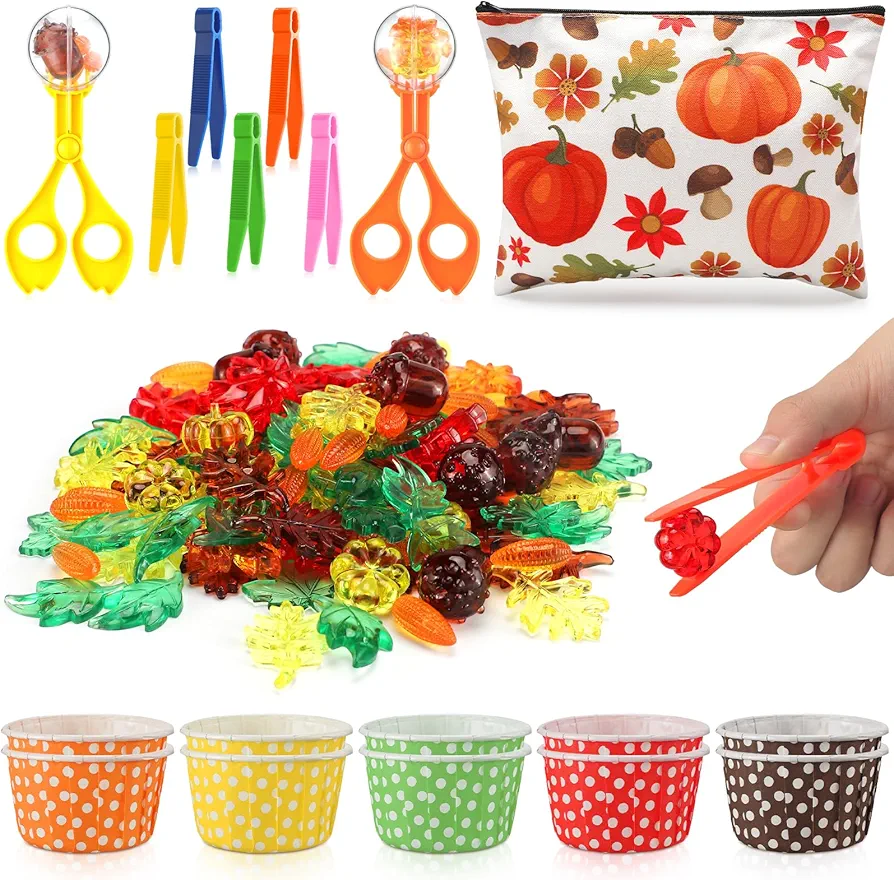 228 Pcs Sensory Bin Filler Fine Motor Skills Toys Counting Weight Sorting Toy Set with Acrylic Fall Leaves Pumpkin Tweezers Scissors Clips Cups and Storage Bag for Thanksgiving and Autumn Decor