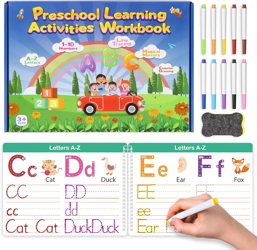 Preschool Learning Activities Tracing Workbook, Handwriting Practice Book for Kids, Autism Materials Prek Educational Toy, Reusable Numbers Letters Practice Book for Kids Age 3 4 5 6