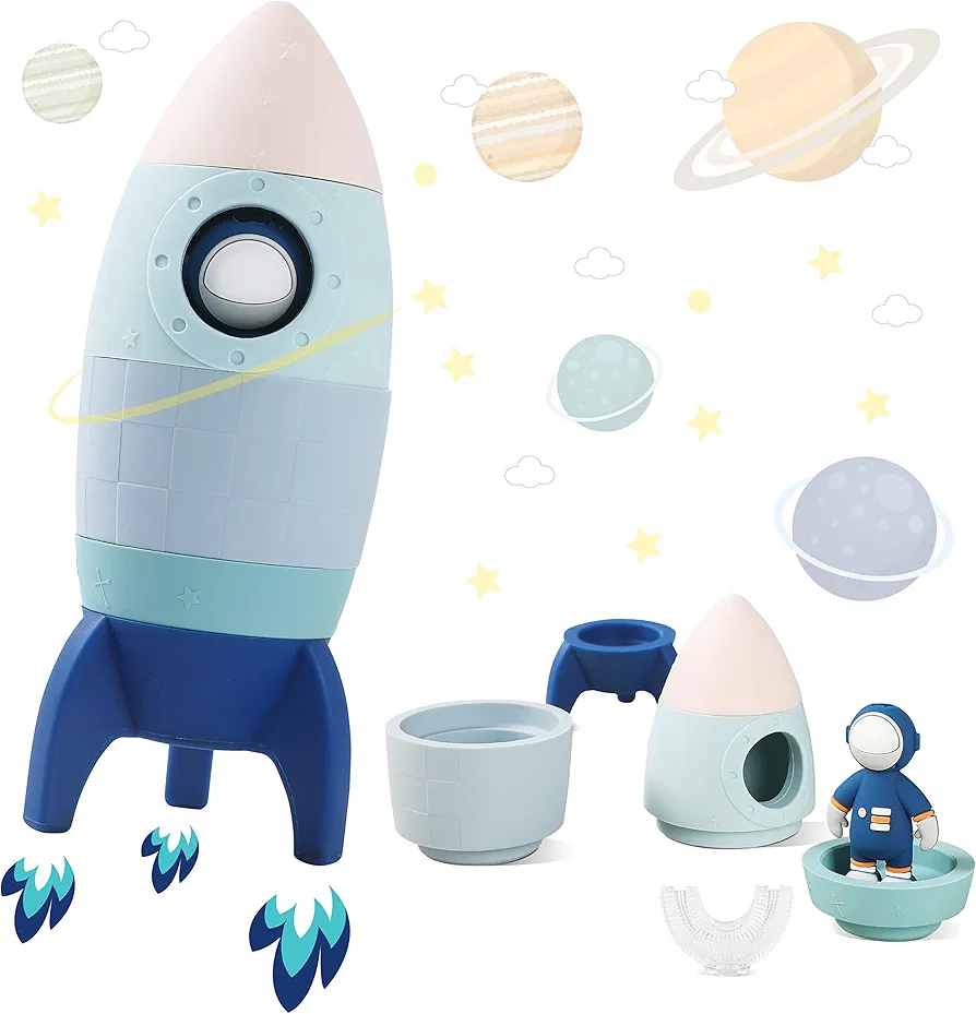 Silicone Rocket Stacking Toy - Space Rocket Toy - Baby Teething Toys -Early Learning Stacking Tower Educational Learning Stacking Toys Nesting Toy for Early Educational for Infants (blue)