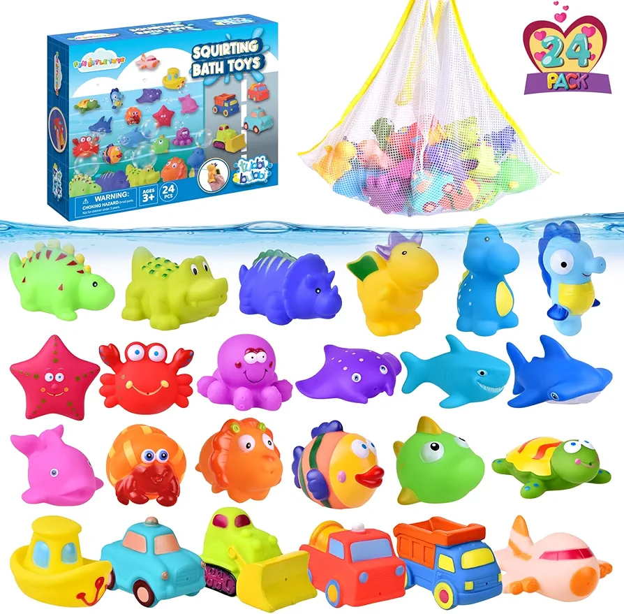 FUN LITTLE TOYS 24 Pcs Bath Toys for Toddlers, Sea Animals & Cars Squirter Bath Toys, No Mold Bathtub Toys with Storage Bag , Baby Bath Toys for Pool, Toddler Bath Toys for Kids Party Favors Age1-3