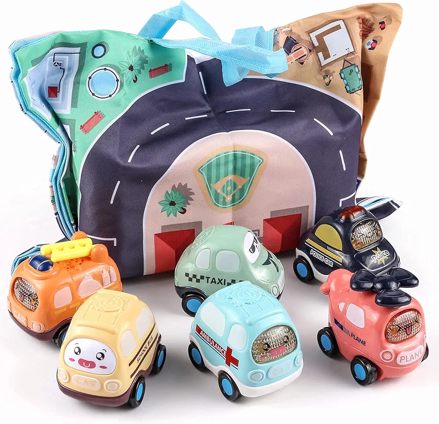 Inertia Baby Toy Cars Gifts with Storage Bag, 6 Pcs Push and Go Kids Early Educational Toys for 1 2 3 Year Old Boys Girls, Birthday Gift for Toddlers