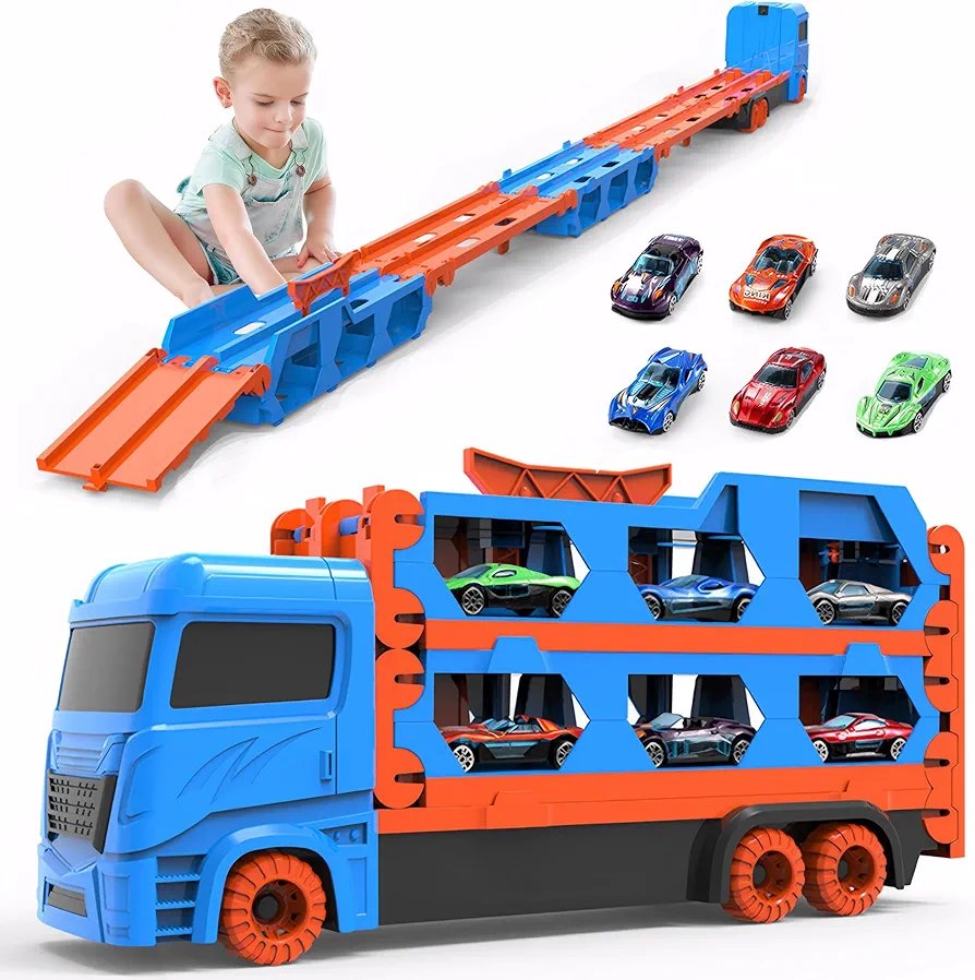 BAKAM Race Tracks Set for Kids Ages 3-5, Car Tracks for Toddlers 2-4 Years, Car Carrier Trucks Car Garage Toys for 3+ Year Old, Toys for Ages 2-4, 3 Year Old Boy Birthday Gift (Blue)