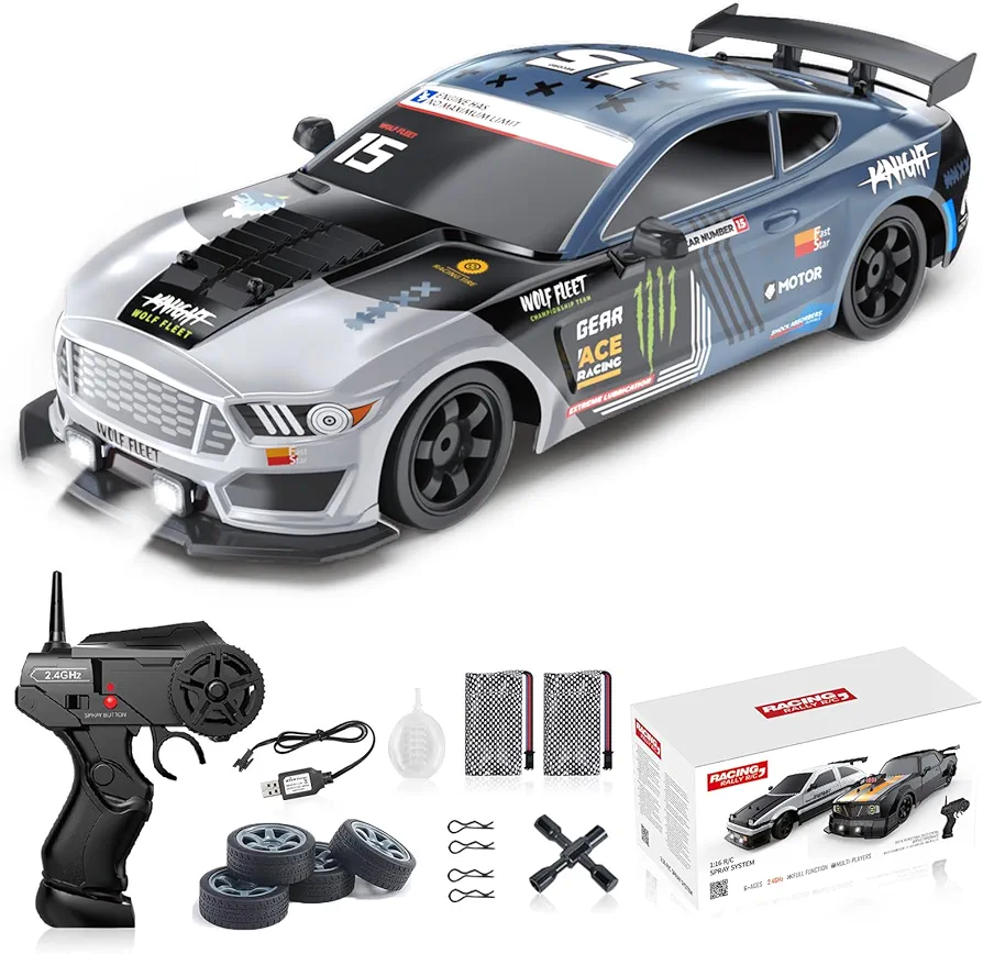 Remote Control Car RC Drift Car 1:16 Scale 4WD 18KM/H High Speed Model Vehicle 2.4GHz with LED Lights Spray Rubber Tire Racing Sport Toy Car for Adults Boys Girls Kids Gift 2Pcs Rechargeable Batteries