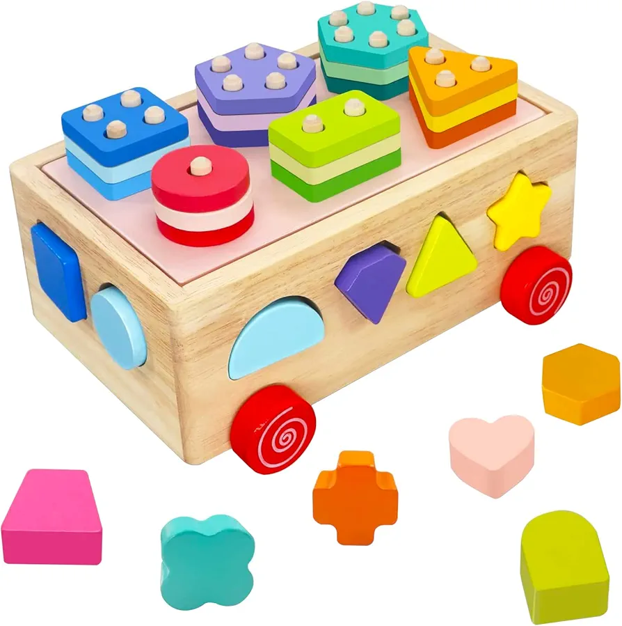 Wooden Stacking Blocks Shape Sorter Learning Toys for Toddlers Montessori Cube Education Preschool Toys for 3-5 Year