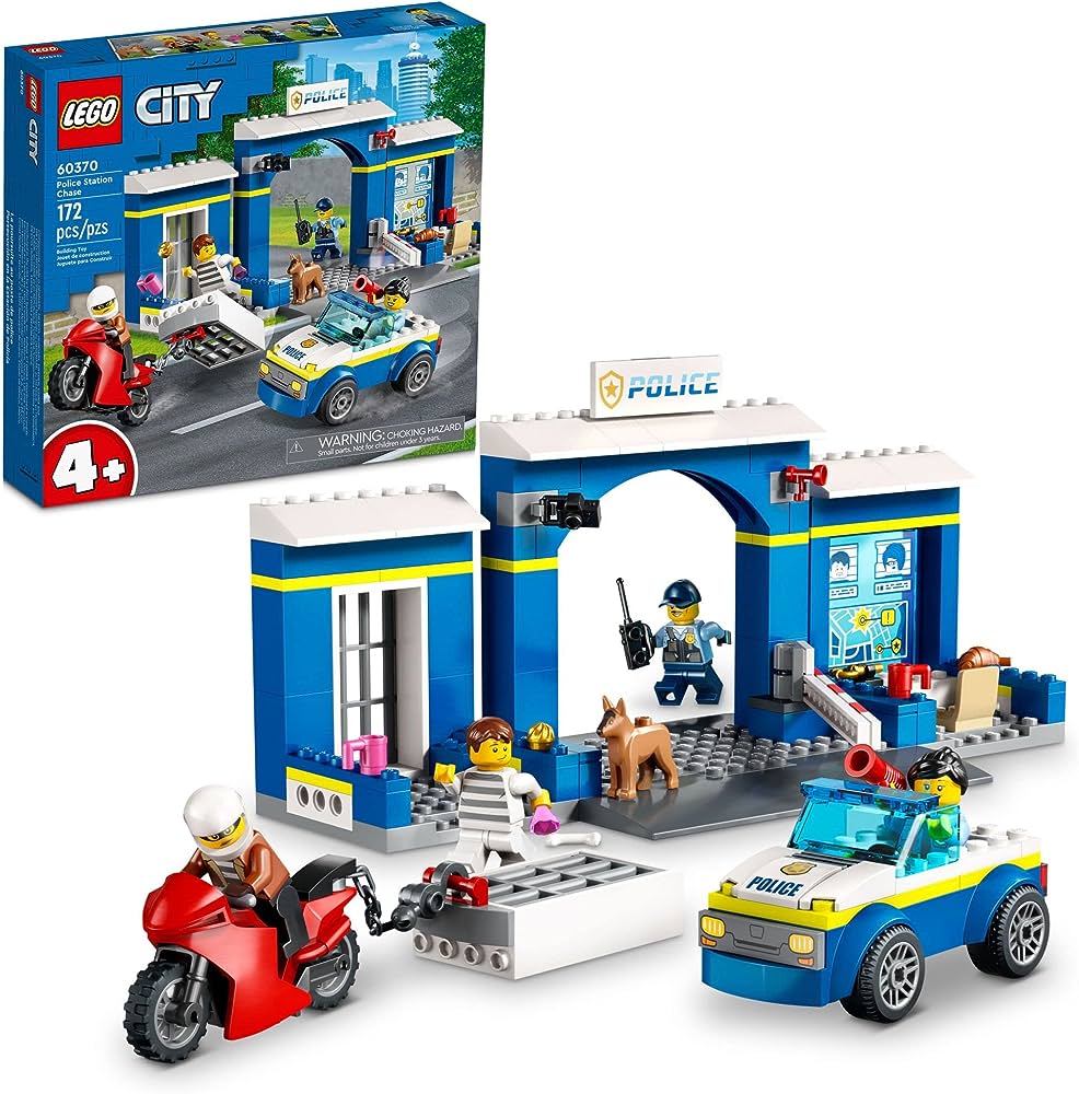 LEGO City Police Station Chase 60370, Playset with Car Toy and Motorbike, Breakout Jail, 4 Minifigures and Dog Figure, Toys for Kids 4 Plus Years Old