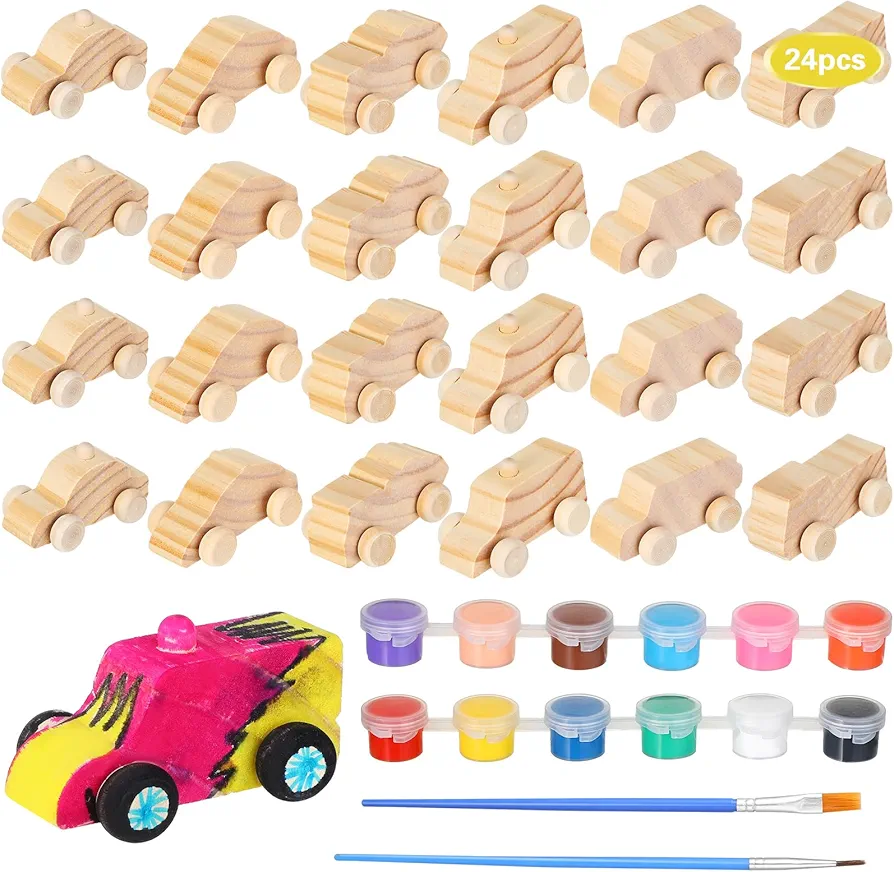 24 Pcs Wood DIY Car Toys for Party Unfinished Wooden Cars, Wooden Toy Cars Wooden Crafts with 12 Color Acrylic Paint for Students Girls Boys Home Activities Craft Projects Woodworking (Cute)