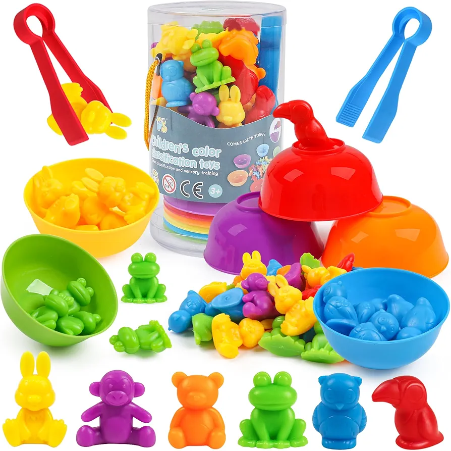 Counting Animals Toys Matching Game with Sorting Bowls Preschool Learning Activities Montessori Sensory Toys for Math Color Sorting, Party Favors Birthday Gifts for Kids - Zoo