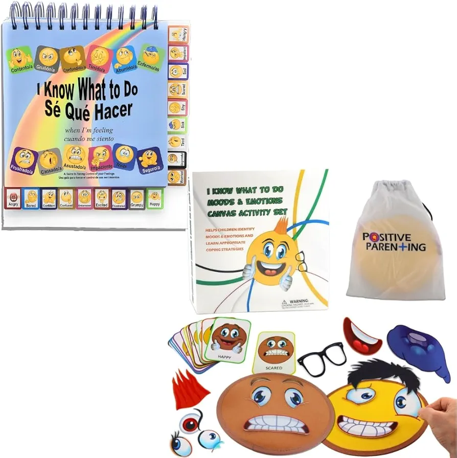 I KNOW WHAT to DO MOODS & EMOTIONS CANVAS ACTIVITY SET - Social-Emotional Game for Kids; Create Faces & Describe Feelings/Emotion & I KNOW WHAT to DO CARDS (Spanish/English)