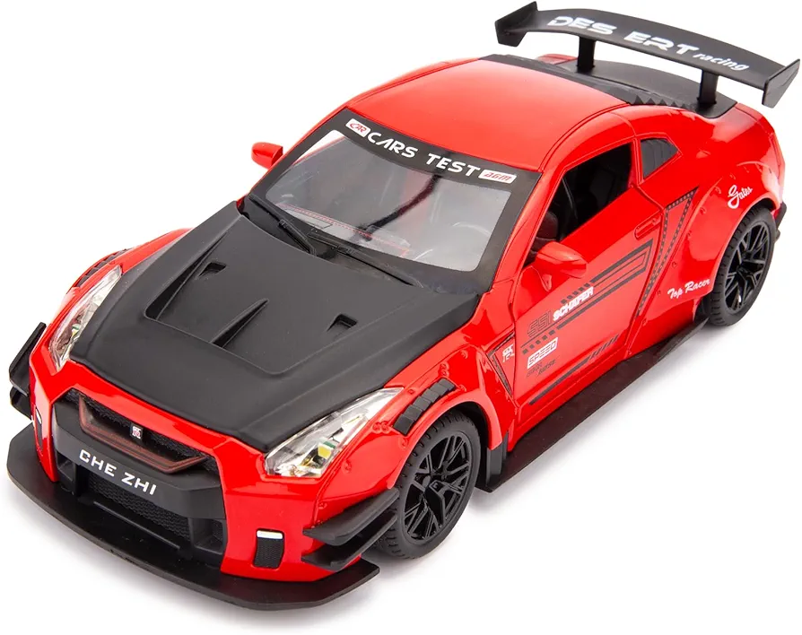 BDTCTK 1/24 Scale Compatible for Nissan GTR Model Car Toy, Zinc Alloy Pull Back Toy car with Sound and Light for Kids Boy Girl Gift (Red)