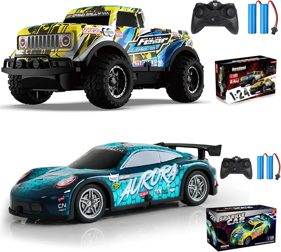 2PCS Remote Control Car, Light Up RC Car Toys, 2.4GHz 1:24 Scale 15KM/H Off-Road with Cool LED Lights Racing Rechargeable Toy Car for Christmas Birthday Kids Boys Girls for 4-7 8-12 Year Old