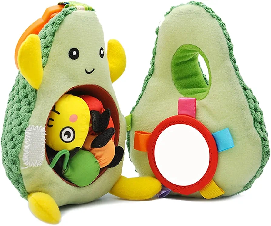 Jollybaby Plush Stuffed Fruit Baby Rattle Toy for Stroller Car Seat Crib, Montessori Sensory plush Avocado Toy with Rattle and Mirro Toy for Baby 0-6-12 Months, Infant Baby Boy & Girl Shower Gift