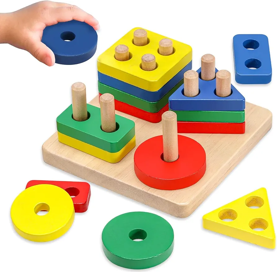 AZEN Montessori Toys for 1 2 3 Year Old Boys Girls, Sensory Toys for Toddlers 1-3, Wooden Sorting & Stacking Toys, Toddler Learning Shape Sorter Educational Toys