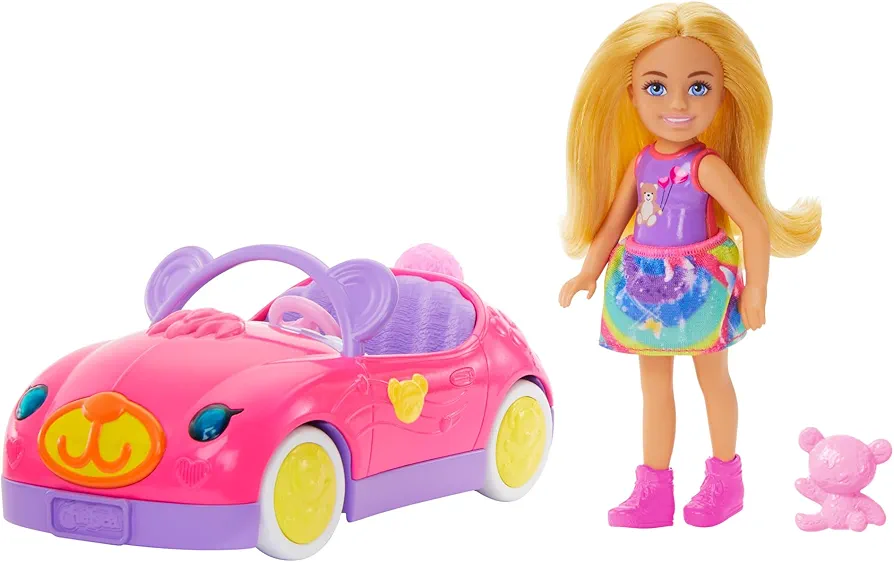 Barbie Chelsea Doll & Toy Car Set with Bear-Themed Convertible & Teddy Bear Accessory, Blonde Small Doll Wears Removable Skirt & Shoes