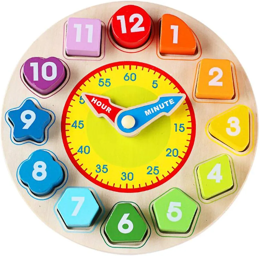 Time Clock Toy for Kids Wooden Time Learning Shape Sorting Color Game Montessori Early Education Math Set Kid Jigsaw Play Tool Preschool Toddler Puzzle Toy Gift for Boys Girls Birthday Age 3 4 5 6