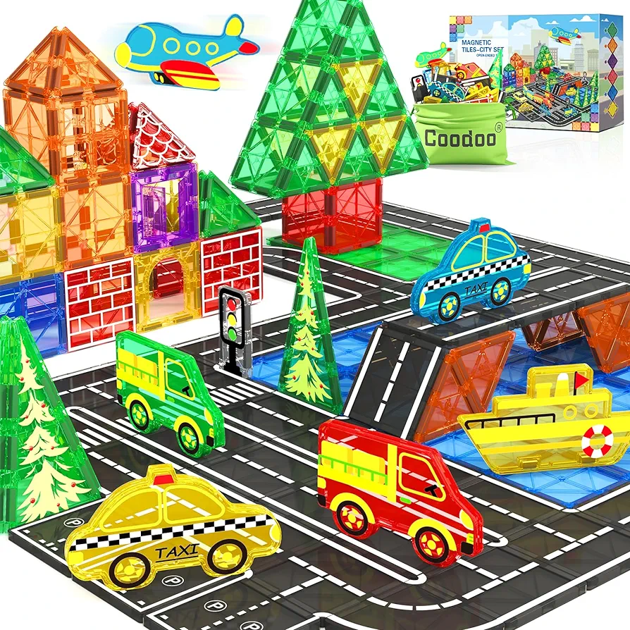 Magnetic Tiles City Road Set Kids Toys Sensory Games for 3 Year Old Boys and Girls, Magnetic Blocks for Kids Age 3-5 4-8 Classroom Must Haves Preschool Learning Outdoor Toys