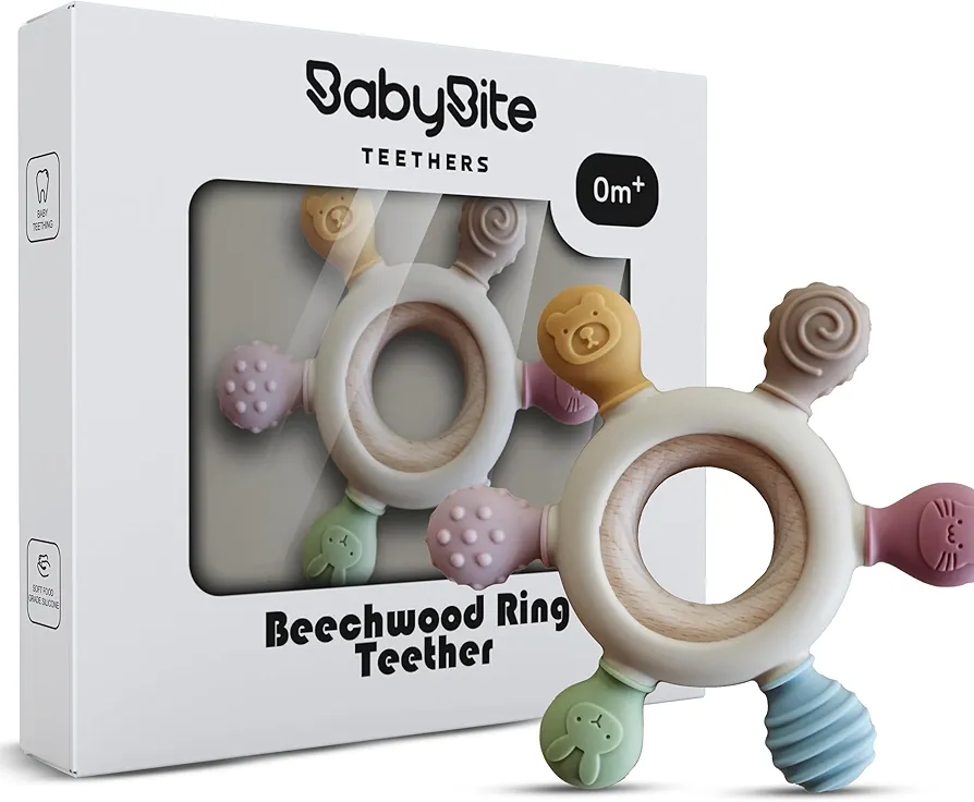 [BabyBite] Baby Teething Toys Silicone and Beechwood Animal Teether for Sensory and Developmental Play for Baby and Toddler 100% BPA Free Food Grade Silicone for 0M+