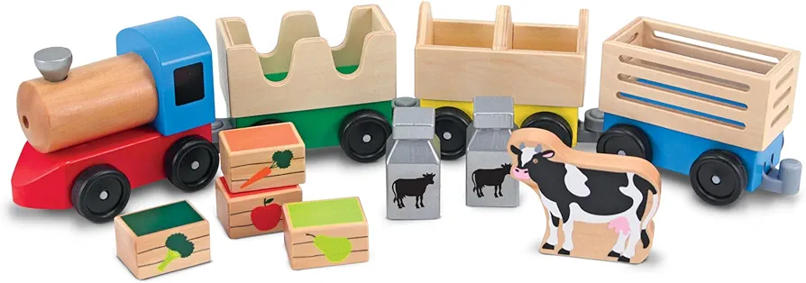 Melissa & Doug Wooden Farm Train Set - Classic Wooden Toy (3 linking cars)