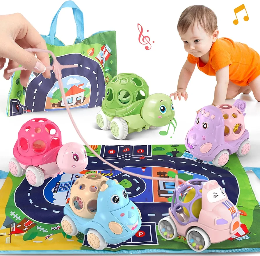 ZMZS Baby Car Toy Gifts for Girl, Pink Soft Rattle & Roll Cars for Infant Girls, 5PCS Push Cars for Toddlers Boys with Playmat and Toy Strap, Education Gifts for Babies Boys Girls Age 1 2 3