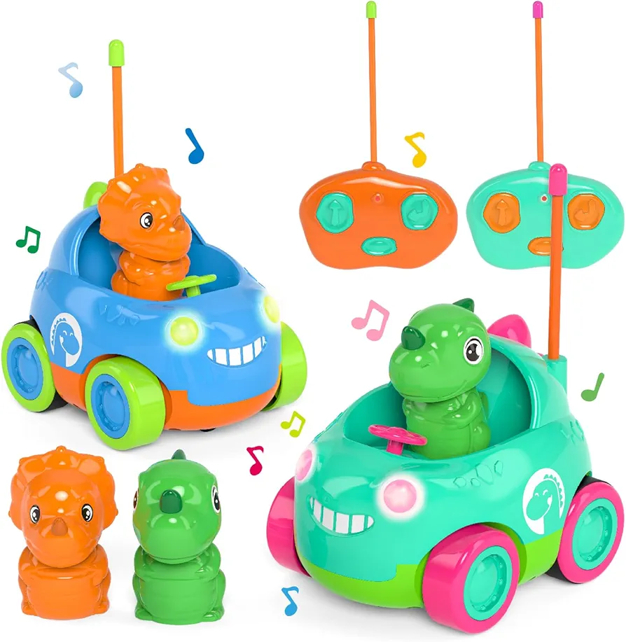 Kizeefun Dinosaur Remote Control Cars for Toddlers 2 Pack, 2-5 Kids Toys Dino Electric RC Trucks for 2 3 4 5 Year Old Age Boys Girls Birthday Christmas Ideas