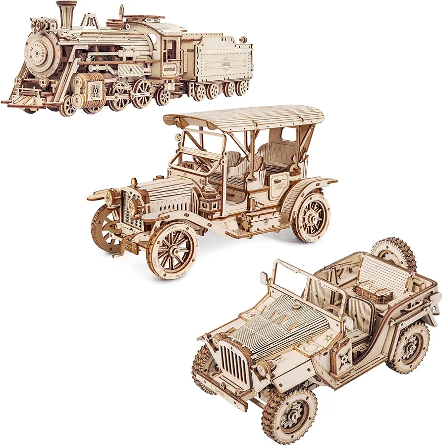 ROKR 3D Wooden Puzzles for Adults Car Model Kit Bundle - Army Field Car & Vintage Car & Steam Train, Unique Gift Hobby for Boys Girls Family