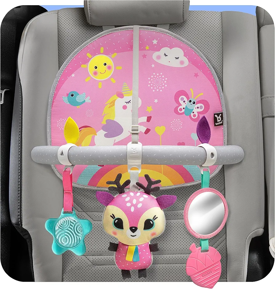 BENBAT Car Seat Toys for Babies - Double Sided Rear Facing Carseat Toy with Baby Mirror for Infants Girls and Boys 0-18 Months, Pink