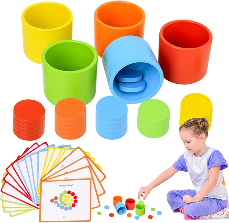 Color Sorting Toys for Toddlers, Montessori Toys Wooden Sorter Game-5 Colors, 25 Wooden Pieces with Storage Bag, Montessori Rainbow Sorting Toys Counting Toys Preschool Learning Education