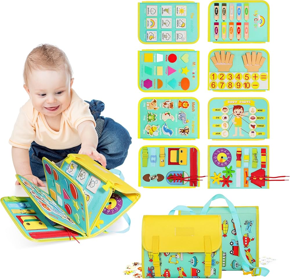 Busy Board 1-4 Montessori Toys for Ages 2-4 Boys & Girls Preschool Educational Activities for Learning Fine Motor Skills Sensory Board Preschool Learning Toys for Toddlers Travel Toys