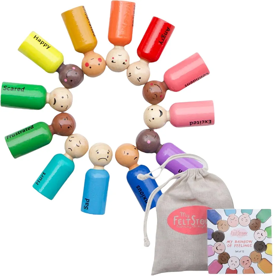 Set of 12 - Rainbow Wooden Peg Dolls with Emotions | Multicultural Skin Tone Figures | Sensory Autism Toys for Toddlers, Early Education, Social Emotional Therapeutic Learning