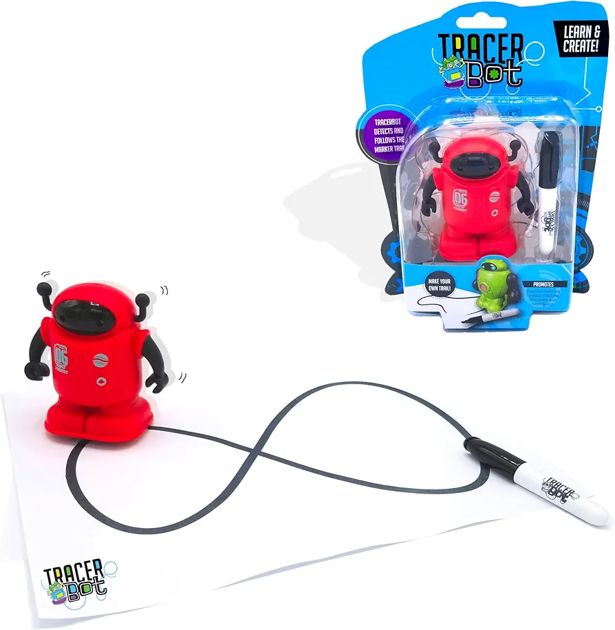 MUKIKIM TracerBot - Red – Mini Inductive Robot That Follows The Black Line You Draw. Fun, Educational, and Interactive STEM Toy with Limitless Ways to Play! Promotes Logic and Creativity Training