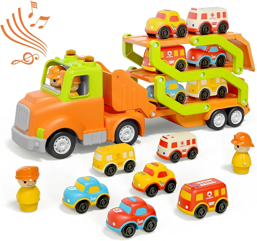 Car Toys for 2 3 4 5 Years Old Kids, Transport Car Carrier Truck Toy with 6 Vehicle, 30in Foldable Track Trailer with Light & Sound Effects