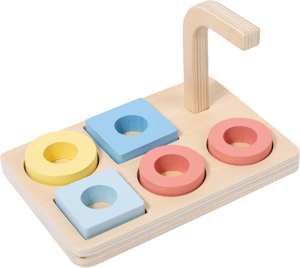 Adena Montessori Wooden Rings on Peg Curved Horizontal Pins and 5 Shapes Baby & Toddler Eearly Learning Toys