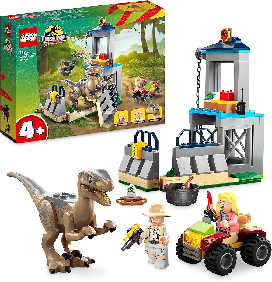 LEGO 76957 Jurassic Park Velociraptor Escape Dinosaur Toy for Boys, Girls, All Children from 4 Years, Set with Dino Animals Figures, Off-Road Car and 2 Mini Figures