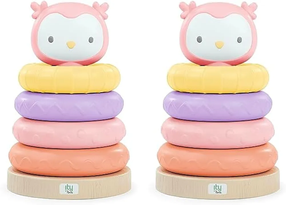 Ingenuity ity Cutie Stacks, 4 BPA-Free Rings, Faux Wood Stand, Owl Topper, Unisex, for Ages 6 Months and Up - Nally (Pack of 2)