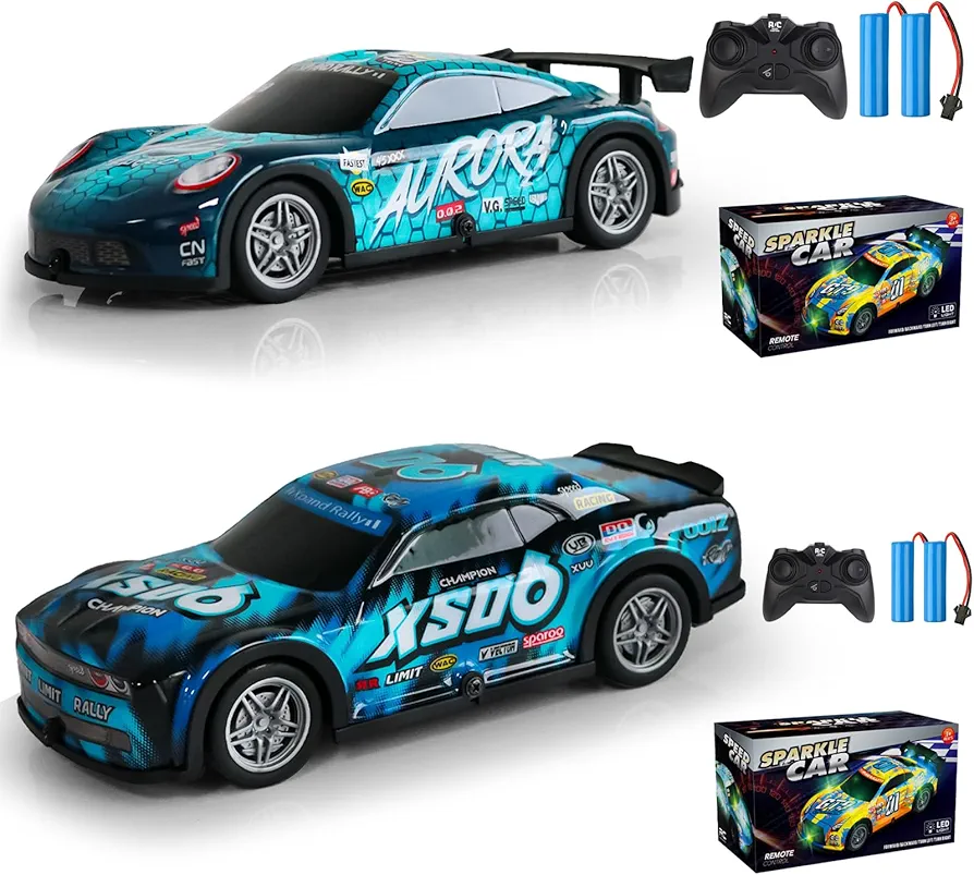 2PCS Remote Control Car, Light Up RC Car Toys, 2.4GHz 1:24 Scale 15KM/H Off-Road with Cool LED Lights Racing Rechargeable Toy Car for Christmas Birthday Kids Boys Girls for 4-7 8-12 Year Old