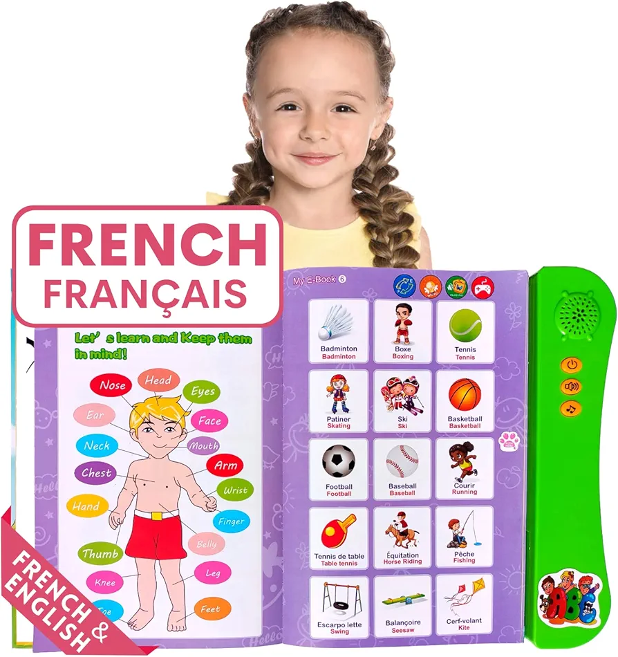 French English Talking Learning Book for Kids 2 3 4 5 6 Years Old, Learn French Interactive Audio Sound Books for Toddlers, Francais Educational Electronic Toys, Bilingual Musical Toy