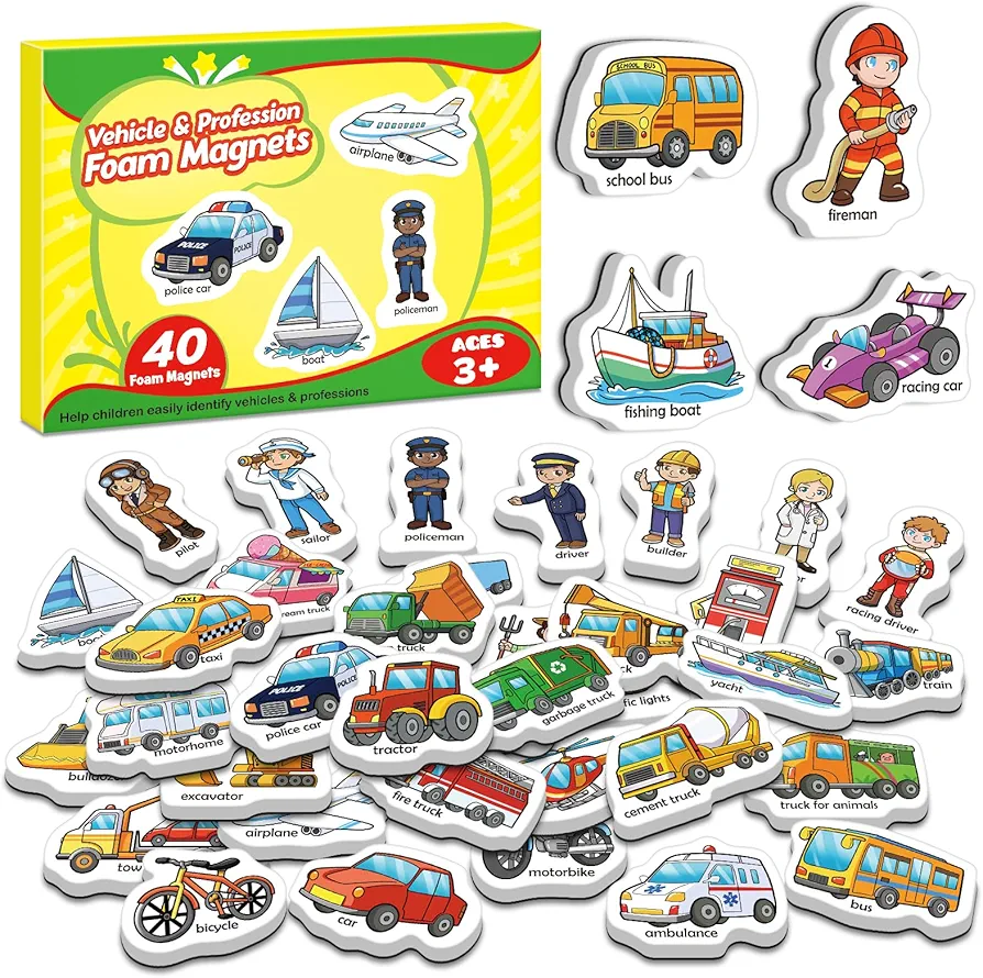 40 Vehicle Fridge Magnets for Toddlers,Vehicle Foam Refrigerator Magnets Toys for Kids Whiteboard,Learning Games,Educational Toys,Preschool Kindergarten Learning Activities Homeschool