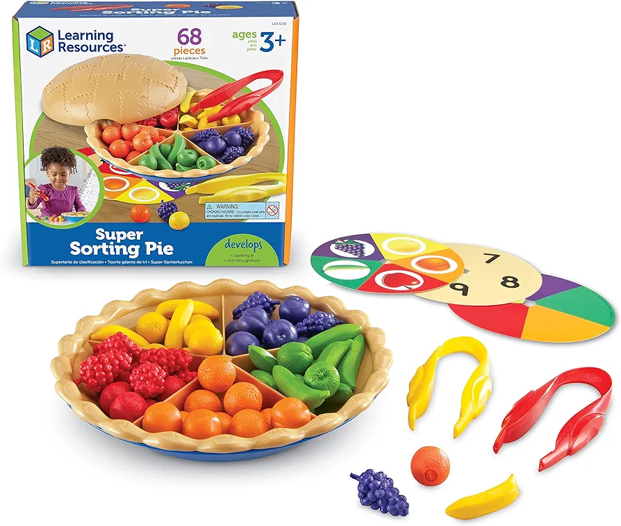 Learning Resources Super Sorting Pie - 68 Pieces, Ages 3+ Toddler Fine Motor Toy, Preschool Learning Games, Develops Counting and Color Recognition, Pretend Play Food, Kids Tweezers