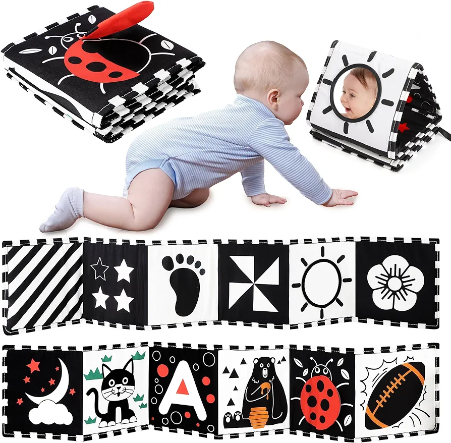 Black and White Baby Toys, High Contrast Newborn Toys 0-3 Months Brain Development, Tummy Time Toys, Soft Baby Book, Infant Sensory Toys 0-6-12 Months Visual Stimulation Montessori Toy Gift