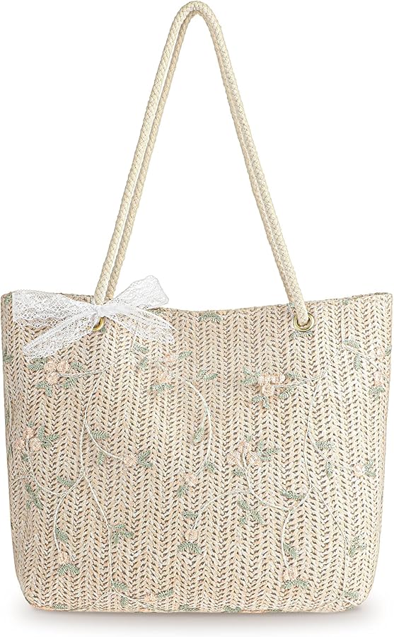 Straw Beach Bag for Women, Summer Vacation Printed Lace Woven Handbag Shoulder Bag with Magnetic Buckle