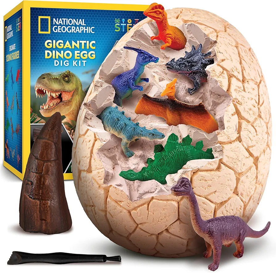 NATIONAL GEOGRAPHIC Jumbo Dinosaur Egg Dig Kit - Dig Out 12 Dino Figures & Replica T. Rex Tooth from Giant 6" Egg, Dino Egg, Jumbo Egg, Giant Egg, Dinosaur Egg Toys, Educational Science Kits