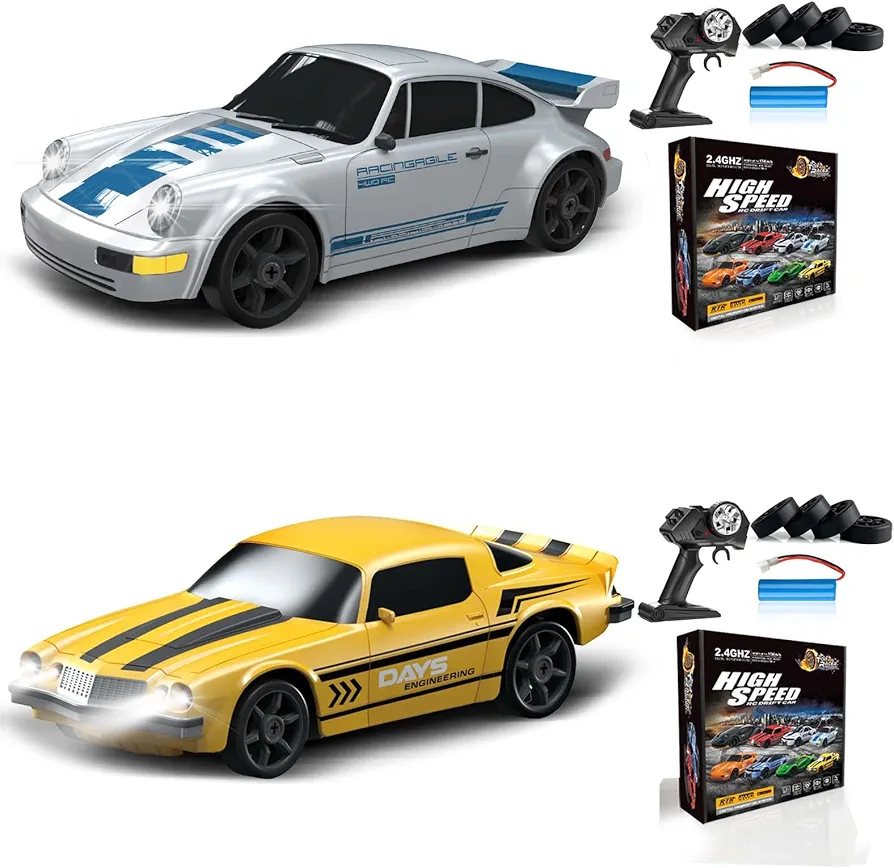 2PCS RC Drift Car 1:24 Remote Control Car 4WD 15KM/H High Speed Racing Sport Car with LED Lights RC Cars Toy Cars for Kids Boys Girls Adults Gifts Birthday Christmas Rechargeable Batteries