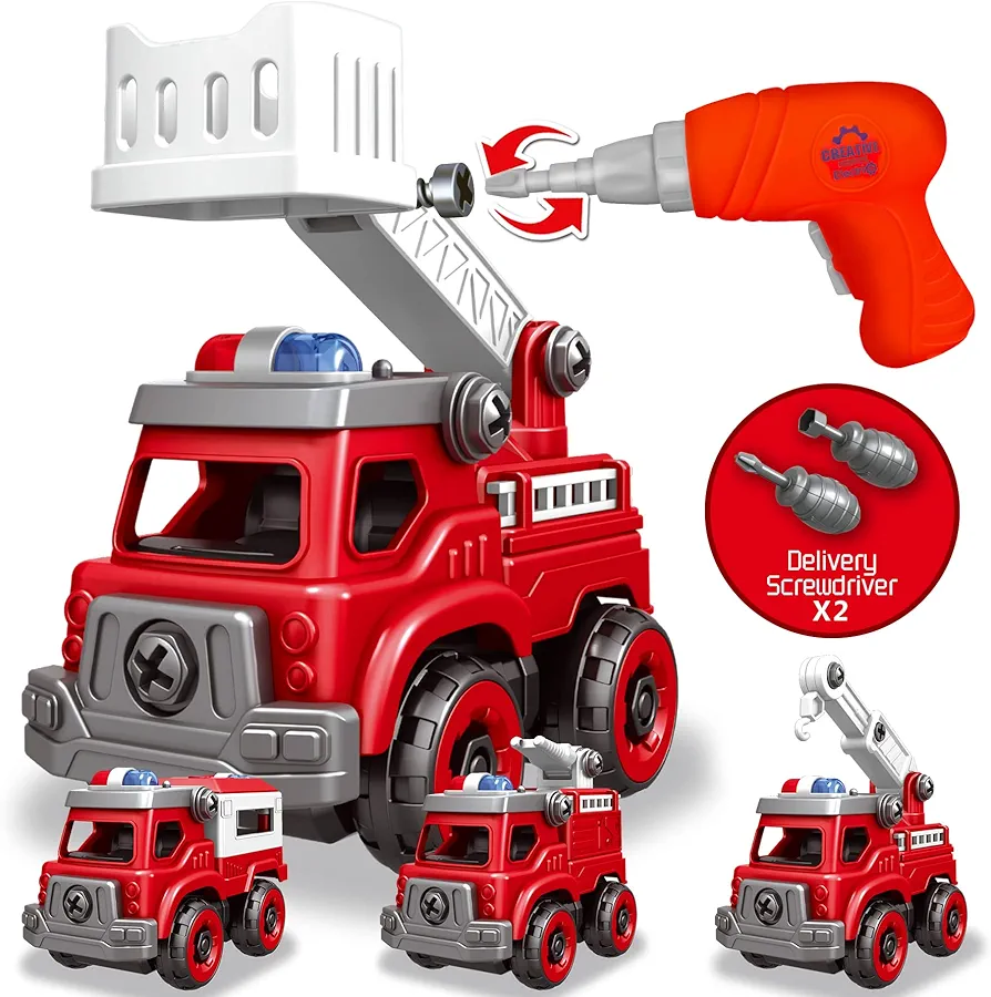 4-in-1 Take Apart Toys Truck with Electric Drill, DIY Assembly Fire Truck Toy Vehicles, Kids STEM Building Educational Cars Toys, Birthday Gifts for Age 3 4 5 6 7 8 Years Old Boys Girls