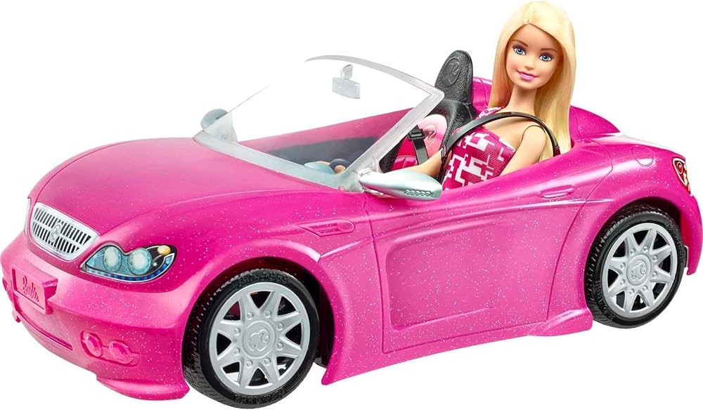 Barbie Doll & Car Playset, Sparkly Pink 2-Seater Toy Convertible with Glam Details & Fashion Doll in Sundress & Sunglasses (Amazon Exclusive)