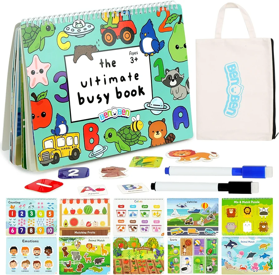 BenBen Busy Book for Toddlers, 30 Pages, Pre-assembled, Montessori Toys, Preschool Learning Activities, Educational Sensory Toys, Kids Activity Book, Autism Learning Materials