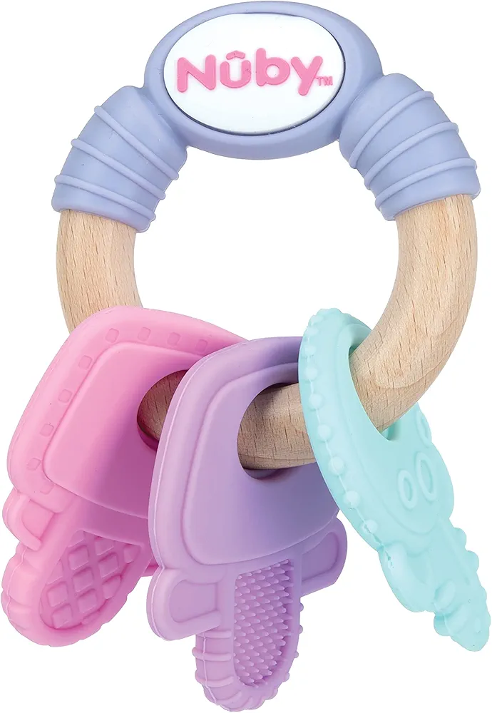 Nuby Wood and Silicone Natural Teether Keys - Toy for Baby Teething Relief - 3+ Months - Assorted Pastel Colors