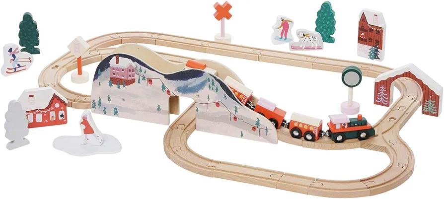 Manhattan Toy Alpine Express 49-Piece Wooden Toy Train Set with Scenic Accessories for Toddlers 3 Years and Up Multicolor